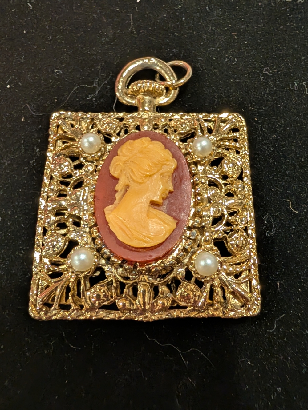 Gold-Tone Cameo Pendant Necklace with Faux Pearls - Gold and Coral